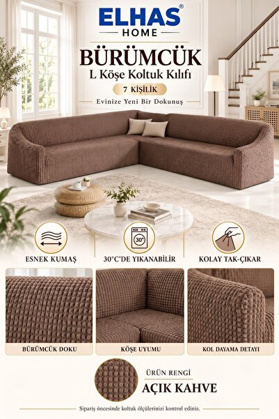 ELHAS BÜRÜMCÜK ETEKSİZ L KÖŞE koltuk örtüsü. 7 KİŞİLİK esnek, KÖŞE koltuk kıl...