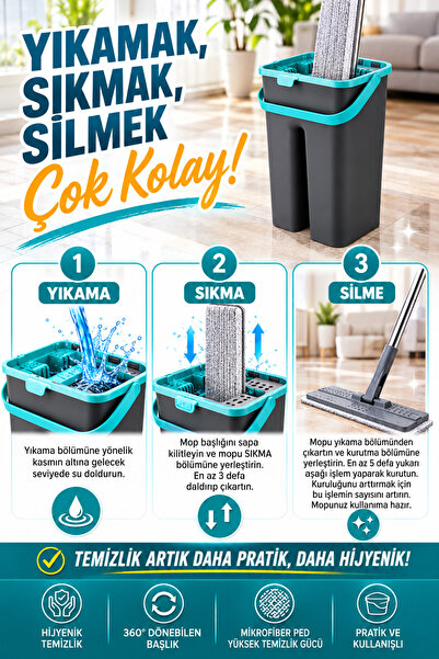 grimorlife Flat Tablet Mop Yer Duvar Silme Temizlik Kova Seti 2 Adet Microfiber Yedek Bez Paspas