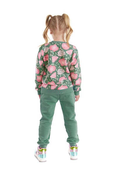 Denokids Girls' Winter Floral Patterned Green Long Sleeve Tracksuit Set 4-10 Years Old