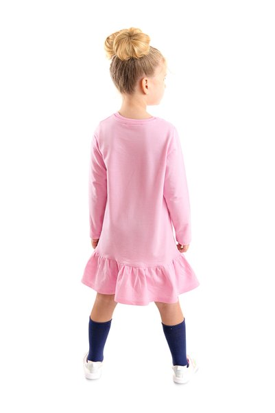 Denokids Kız Çocuk Kışlık Unicorn Desenli Pembe Uzun Kollu Fırfırlı Elbise 2-8 Yaş