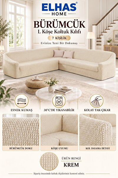 ELHAS BÜRÜMCÜK ETEKSİZ L KÖŞE koltuk örtüsü. 7 KİŞİLİK esnek, KÖŞE koltuk kıl...