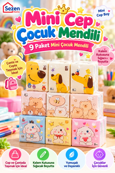 SEZEN HOME Mini Boy Cep Mendili - 9 Paket Karakter Desenli Mini Boy Yumuşak C...