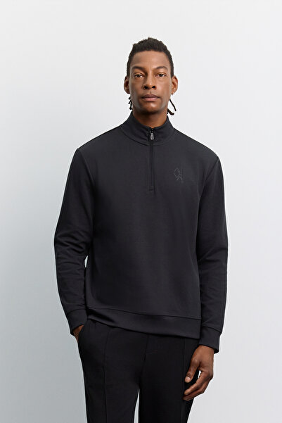 Avva Men's Black Stand Collar Zippered Printed Easy-Iron Cotton Regular Fit S...