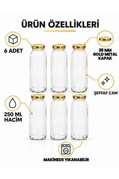 Milea 6 Adet Smoothie Şeffaf Meyve Suyu, Meşrubat, Limonata Şişesi Gold Metal...