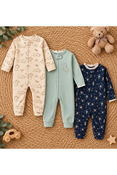 DEFNE LİNA BABY Unisex Baby Rompers Set of 3 9-12-18 Months Zippered Cotton R...
