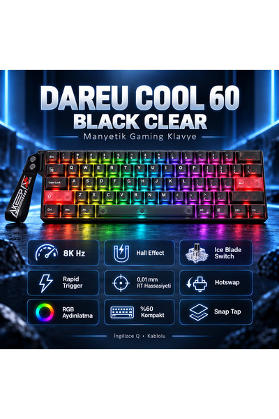 DAREU COOL 60 Black-clear %60 ICE Blade Manyetik Switch 8K Hz HE Hotswap RGB İngilizce Gaming Klavye