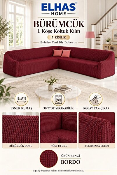 ELHAS BÜRÜMCÜK ETEKSİZ L KÖŞE koltuk örtüsü. 7 KİŞİLİK esnek, KÖŞE koltuk kıl...