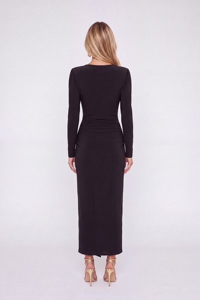HOLLY LOLLY Rochie Maxi Moonlight Neagră, cu decolteu în V, cu mâneci pepene verde