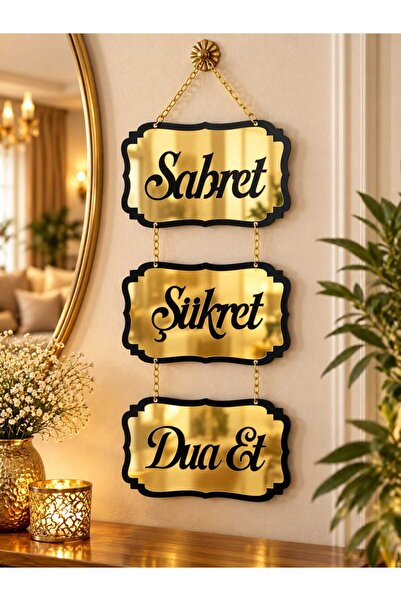 EVİNİZİNRİTMİ 3’lü Sabret Şükret Dua Et Yazılı Gold Aynalı Dekoratif Duvar Sü...
