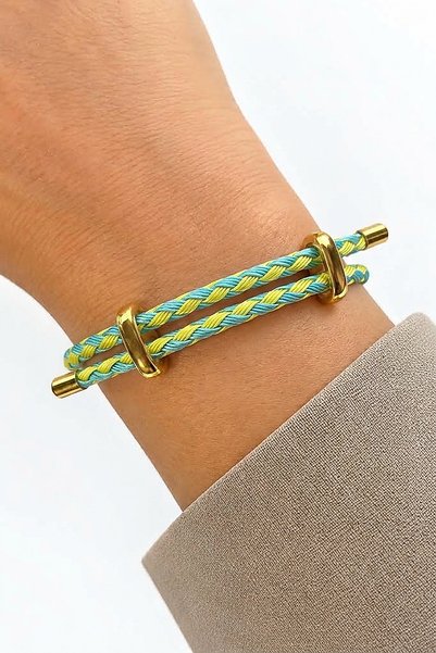Leo'Stone Detailed Adjustable Knitted Rope Women's Steel Bracelet Yellow Turquoise Does Not Tarnish Does Not Lose Color