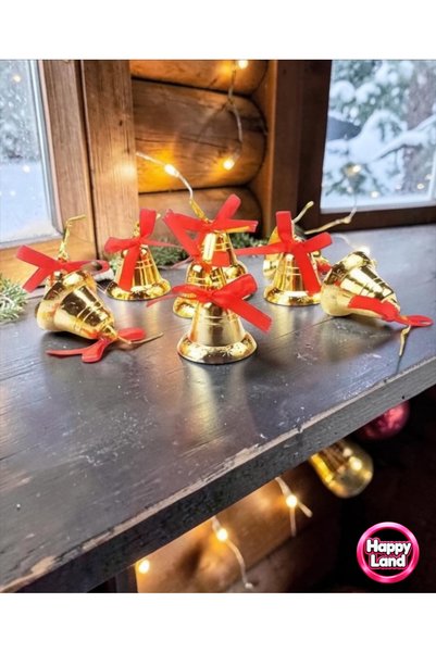 Happyland New Year's Red 9-Piece Bell Ornament - 3 Cm Gold Colored Pine Tree Ornament with String