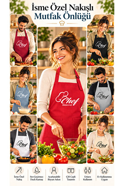 Artex Kişiye ve İsme Özel İsim Nakışlı Mutfak Kafe Chef Barista Garson Çiçekç...