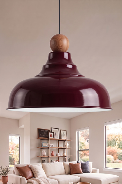 Marrien Lora Vintage Ahşap Boncuk Detaylı Bordo Metal Sarkıt (33 cm) Yemek Ma...