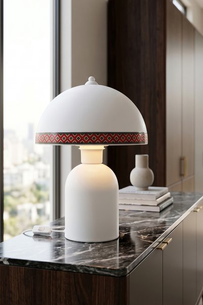 Marrien Luna Rug Abajur Beyaz Metal Gövdeli - 25 cm - Oturma Odası Aydınlatma...