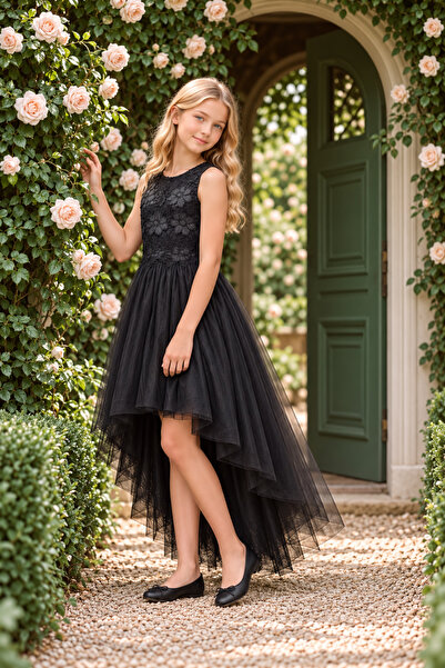 Lindissima Rochie de seară din piele pentru fete, cu dantelă florală, cu stra...