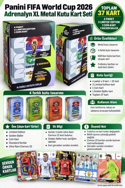 TOYFEST Panini FIFA 2026 Dünya Kupası 1 Golden Baller 3 L.E. Kart Toplam 37 Metal Kutulu Futbolcu Kartı Gri
