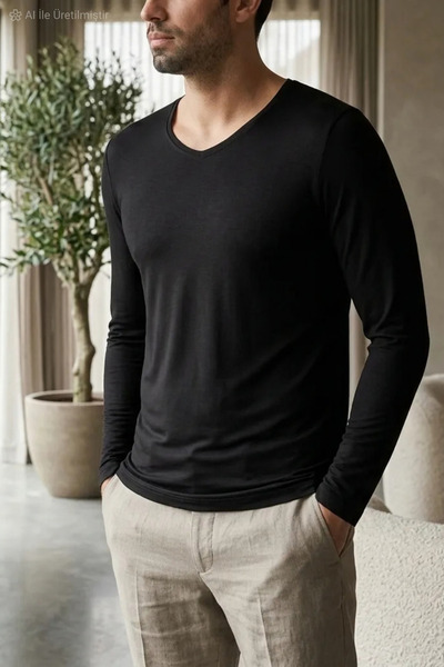 YILDIZ Ανδρικό μακρυμάνικο μπλουζάκι Bamboo V-Neck σε μαύρο χρώμα