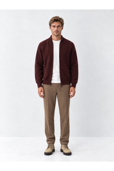Xint Erkek Bordo Doğal Yün Dokulu Regular Fit Hırka