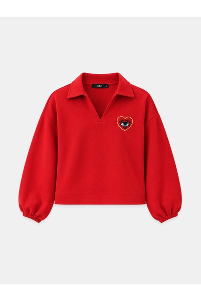 Xint Kadın Kırmızı Pamuklu Baskılı Sweatshirt