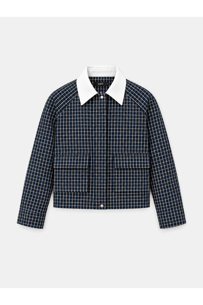 Xint Kadın Lacivert Modern Ekose Oversize Ceket