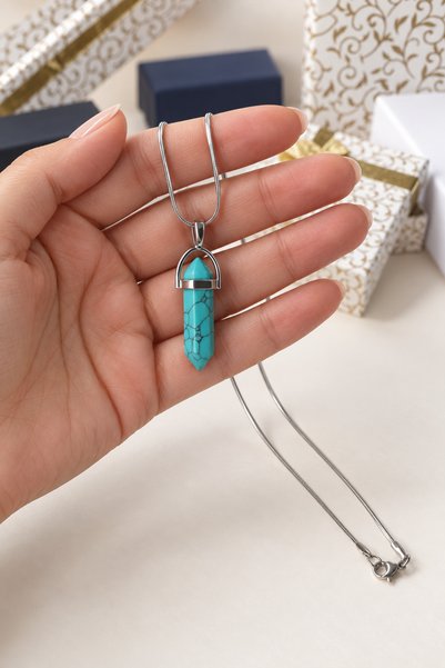 emirOmade Prism Turquoise Natural Stone Necklace 45cm with Steel Chain 2.1X2.5Cm Turquoise Natural Stone Pendant Gift Necklace
