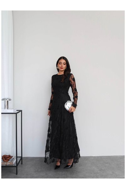 ESRAHELVACI Floral Appliqué Long Flared Dress