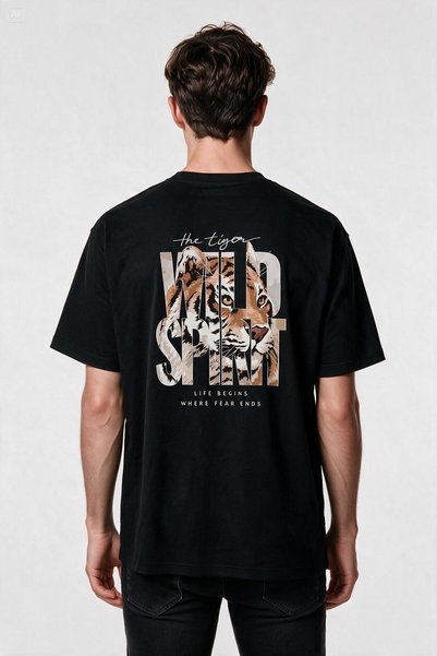 nirvoda Oversize the Tiger Wild Spirit Tiger Printed Unisex T-Shirt Black
