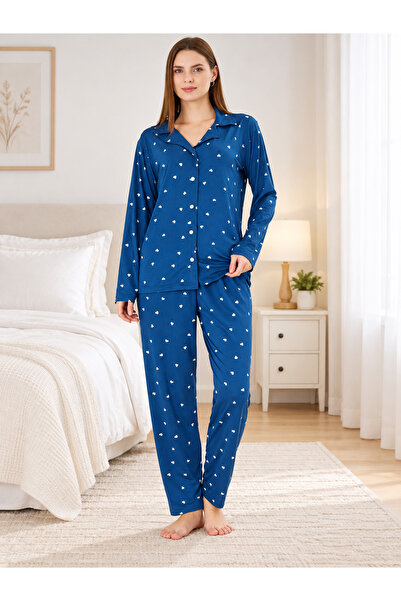 Pajama Shop Women's Milan Fabric Navy Blue Heart Pattern Shirt Collar Button-...