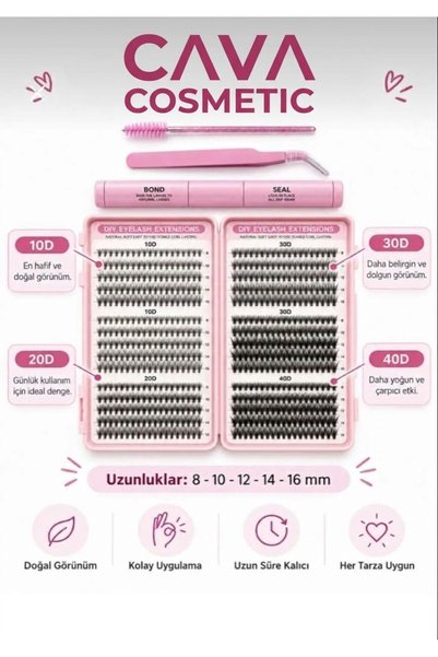 CAVA COSMETİC 10D 20D 30D 40D Kirpik Ekstansiyon Seti 600 Demet – Bond & Seal...