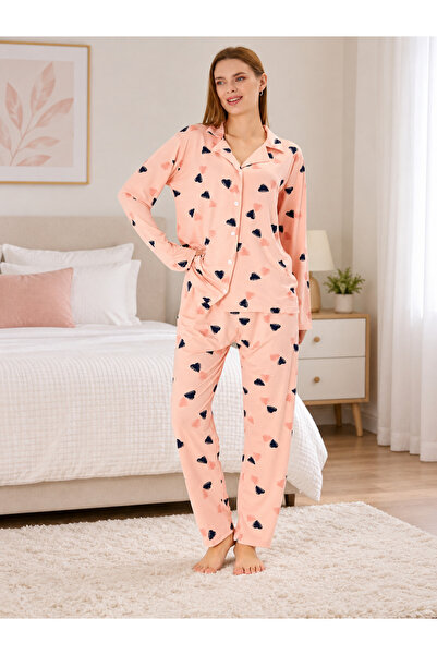 Pajama Shop Women's Milan Fabric Puppy Mouth Heart Pattern Shirt Collar Butto...