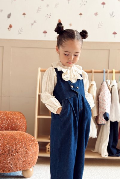 Miabanbin Ruffled Shirt Denim Overalls 2-Piece Set Navy Blue