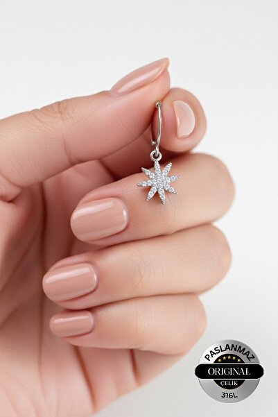 Lynare Delikli Kar Tanesi Snowflake Model Zirkon Taşlı Kadın 316L Çelik Küpe ...