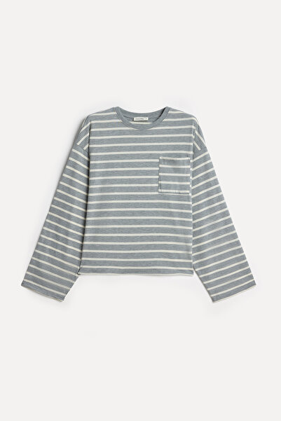 Mudo Women's Gray Melange Striped Loose Fit Crew Neck Sweatshirt