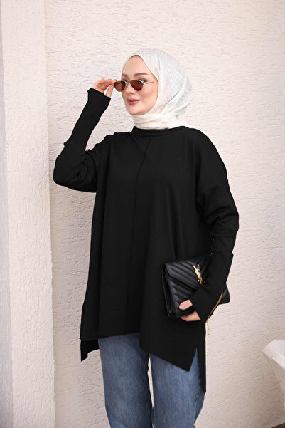 İmajButik Black Sleeve Zippered Cold Thread Knitwear Tunic