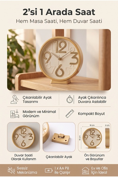 Frapan Home GLX 2'si 1 Arada Masa ve Duvar Saati 18 cm Sessiz Mekanizmalı Dekoratif Saat