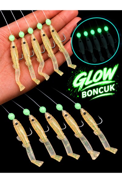 ea genset Silikon Balıklı Çapari 3.5 Cm (2 Adet) Silikon At Çek Takımı Somon Rengi Fosforlu Glow Boncuklu