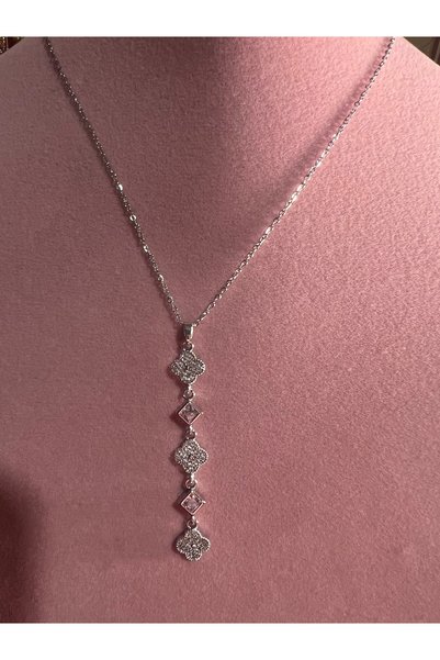 Haziran Accessory, Stoned Clover Square Y Form Steel Necklace