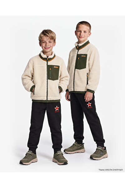 SKECHERS SKECH SHERPA Contrast Full Zip Jacket Büyük Erkek Çocuk Bej Mont SK2...