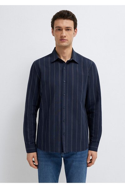 Mavi Linen Blend Striped Navy Blue Shirt Regular Fit / Normal Cut 0211979-91592