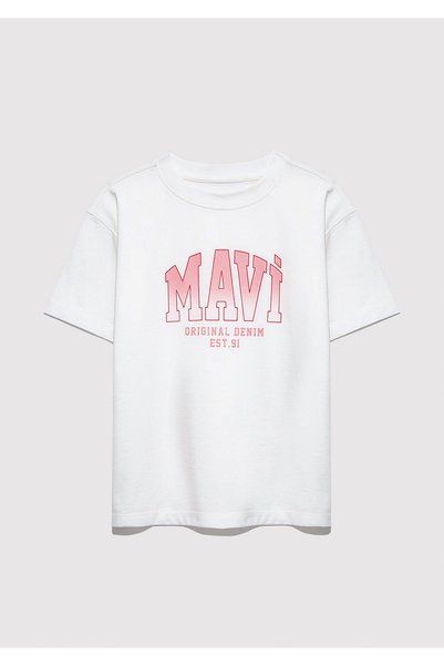 Mavi Logo Baskılı Ekru Tişört Loose Fit / Bol Rahat Kesim 7610386-70057