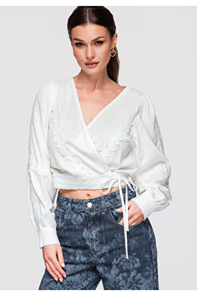 OMBRE Damen-Wickelbluse, kurz geschnitten, V-Ausschnitt, Spitzenapplikationen...