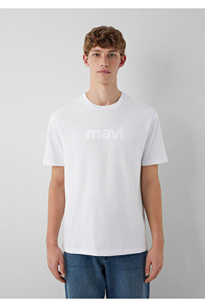 Mavi Logo Baskılı Beyaz Tişört Loose Fit / Bol Rahat Kesim 0611807-620