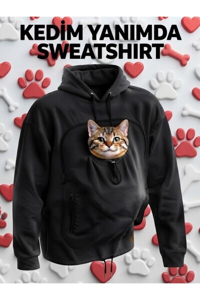 Peti Tailor Pati Kucağı Siyah Kanguru Cep Detaylı Kedi Taşıma Sweatshirt - Ke...
