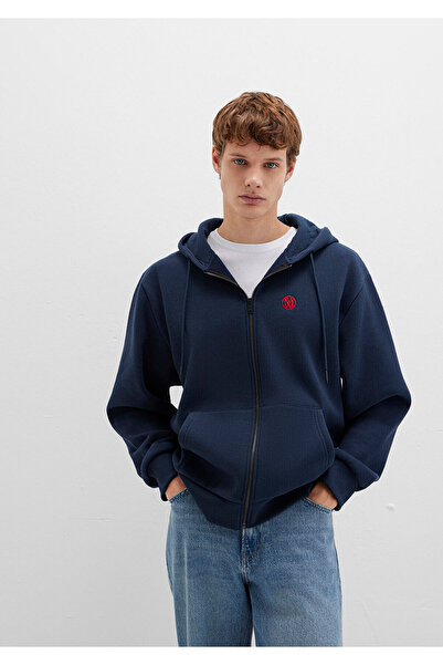 Mavi Mühür Logo Nakışlı Kapüşonlu Fermuarlı Lacivert Sweatshirt 066979-70490