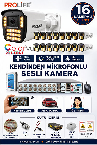 PROLİFE 16 Lı Sesli Güvenlik Kamerası 5 Mp Gece Renkli Yüz Ve Araç Tanımalı F...