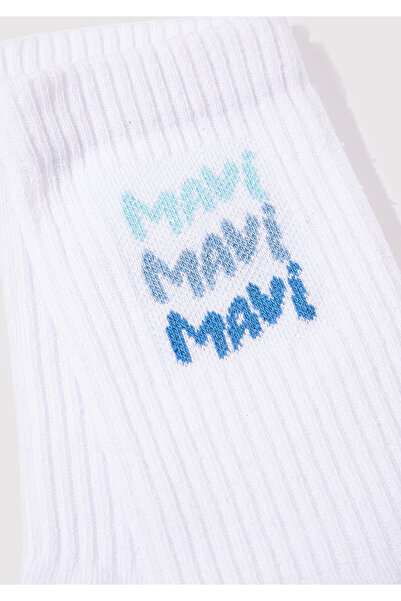 Mavi Logo Detaylı Beyaz Soket Çorap 1912415-620
