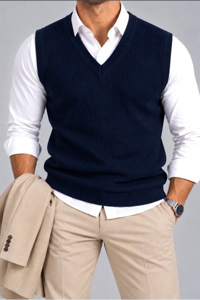 DARJO COMMER Men's Navy Blue Standard Fit Regular Cut V-Neck Knitwear Sweater