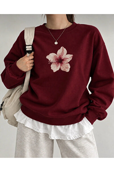SANTAMİLA Burgundy Lily Print Cycling Oversize Sweatshirt