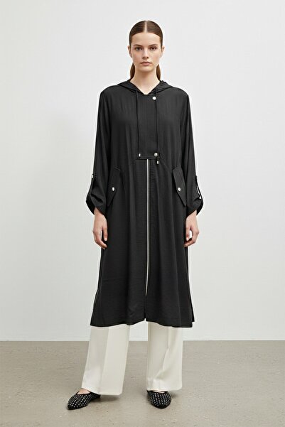 Puane Hooded Drawstring Detailed Long Coat-15254 Black