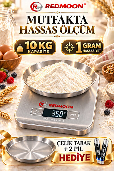 REDMOON 10 KG 1 GR Hassas Dijital Mutfak Terazisi Paslanmaz Çelik Tartı + 2 Pil Hediyeli